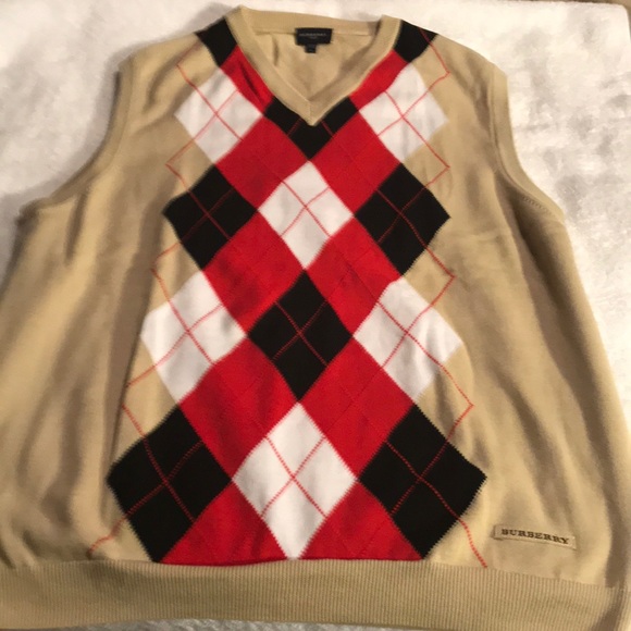 Burberry Argyle V-Neck Sweater in Red, Black, White, and Tan